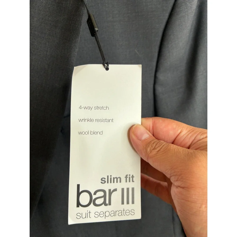 NWT Bar III Mens Slim Fit Power Stretch Suit Jacket Charcoal Gray Wool Blend 46R